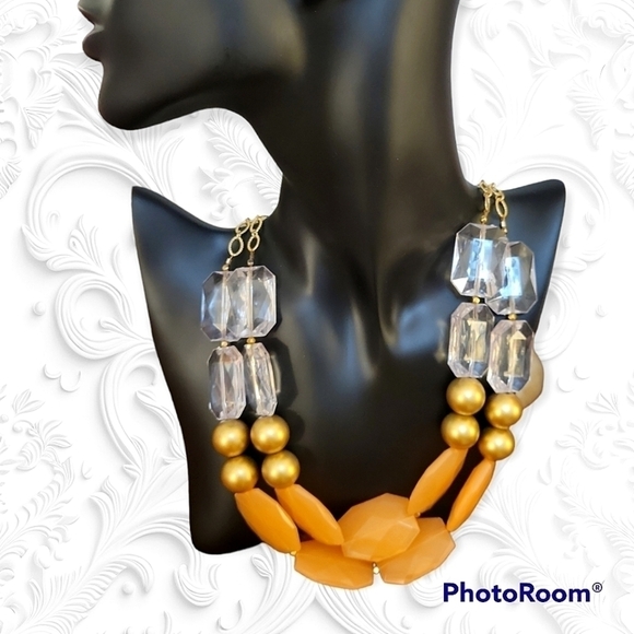 VTG Chunky Peach Clear Beaded Layered Chain Torsade Necklace - Picture 1 of 7